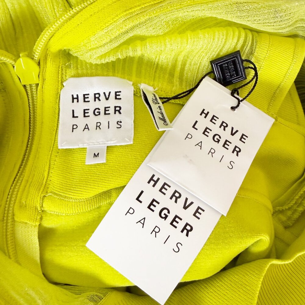 Herve Leger Layered Ribbed Tulle Stretch Knit Chartreuse Midi Dress Size Medium - Picture 7 of 8